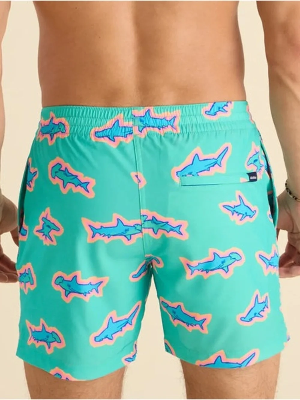 Chubbies Men L Teal Shark Print Swim Trunks Quick Dry Lightweight Quirky Shorts